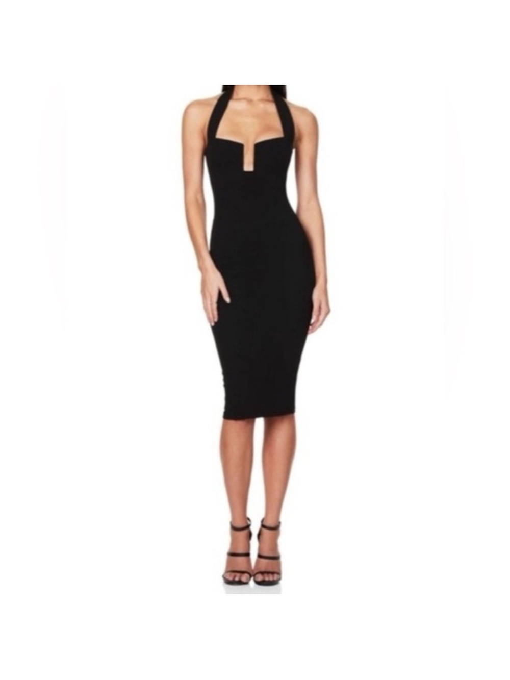 Dynamite Black Halter Midi Dress with Plunge Neck